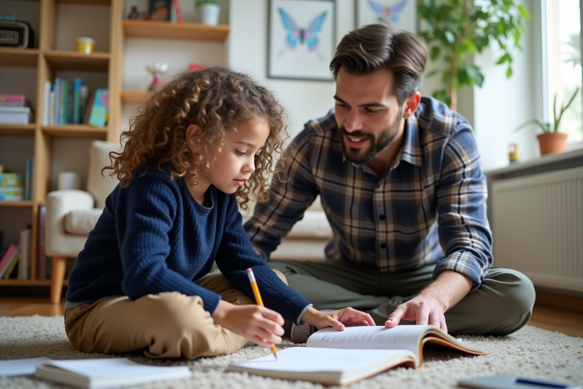 Fille de 12 ans en lecture avec son père dans le salon