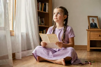 Petite fille écrivant une lettre imaginaire à son papa décédé, assise près d'une fenêtre dans sa chambre, regard tourné vers le ciel
