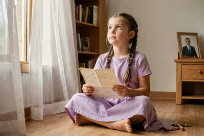 Petite fille écrivant une lettre imaginaire à son papa décédé, assise près d'une fenêtre dans sa chambre, regard tourné vers le ciel
