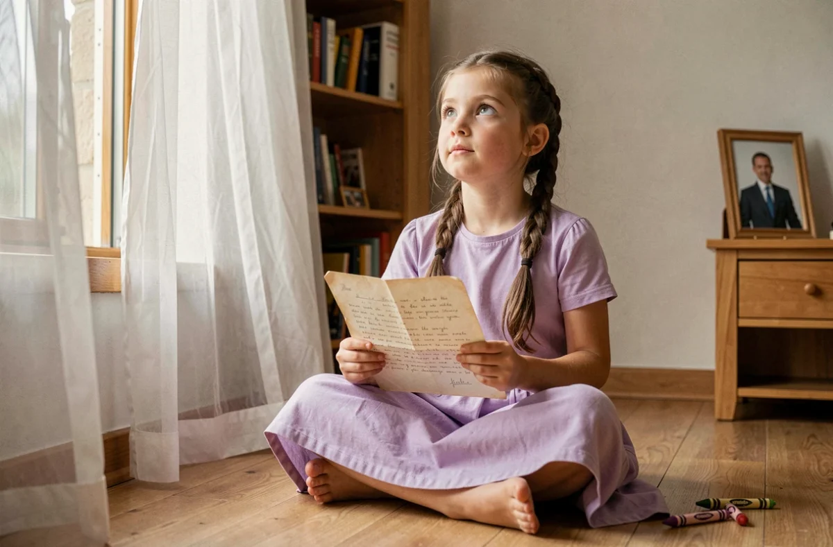 Petite fille écrivant une lettre imaginaire à son papa décédé, assise près d'une fenêtre dans sa chambre, regard tourné vers le ciel