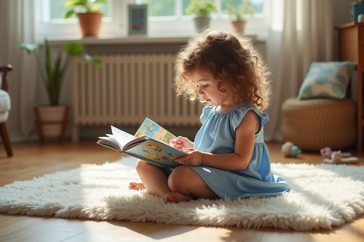 Fille de cinq ans lisant un livre sur un tapis douillet