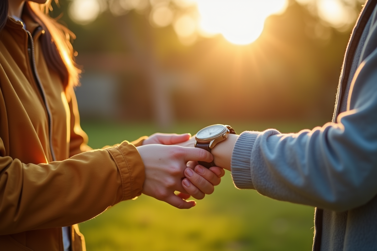 Jeune femme passant une montre à son fils dans un jardin lumineux
