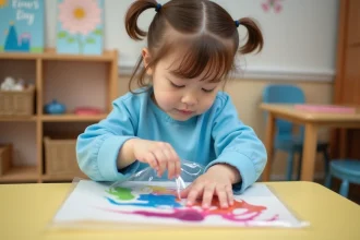 Jeune fille en smock bleu pressant peinture dans un sac plastique