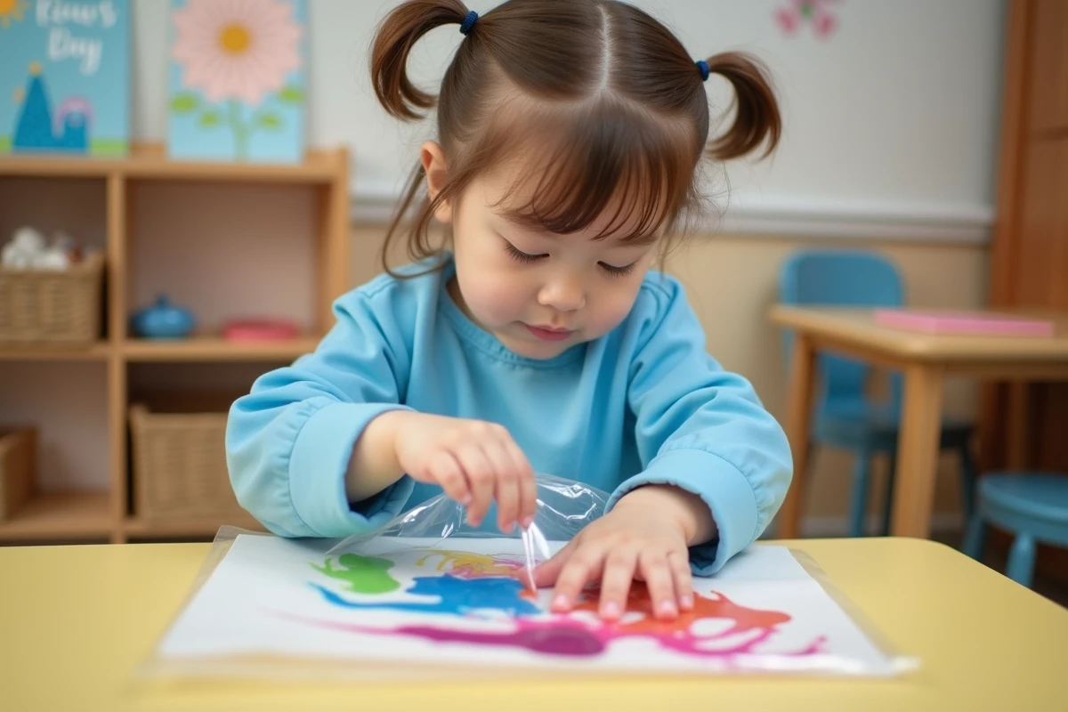 Jeune fille en smock bleu pressant peinture dans un sac plastique