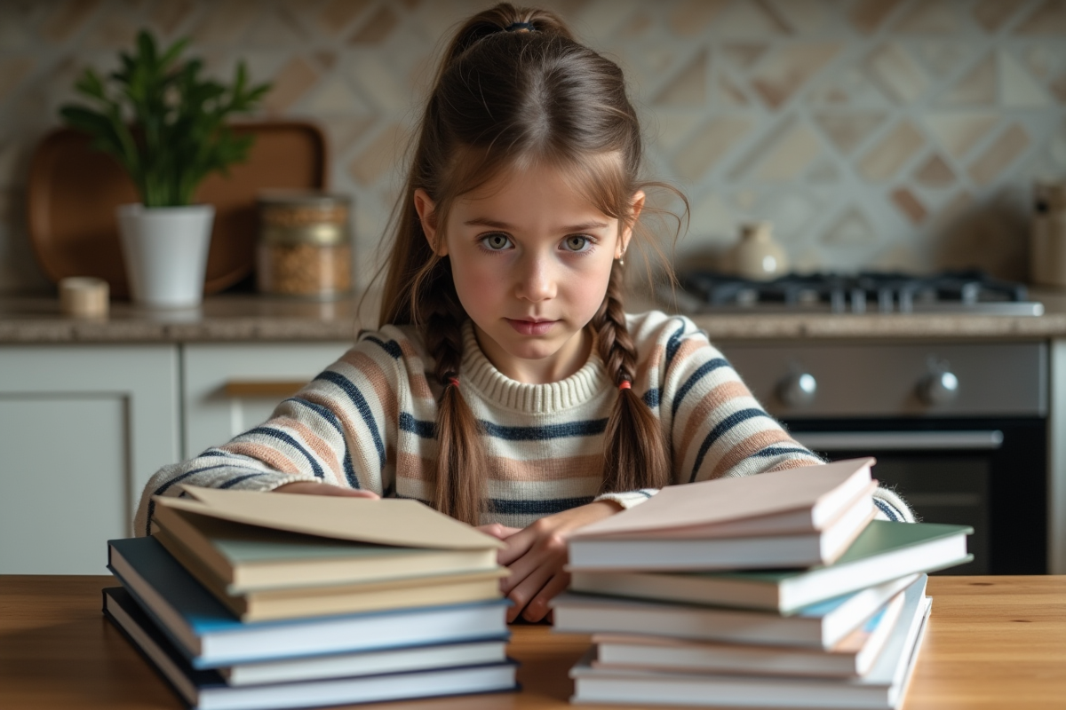 Jeune fille trie ses livres dans une cuisine chaleureuse