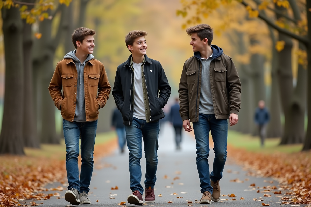 Freres marchant dans un parc en automne avec des feuilles mortes