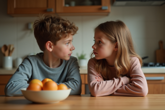 Adolescent frère et sœur en conversation dans la cuisine chaleureuse