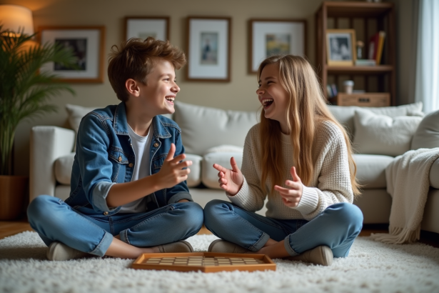 Adolescents jouant à un jeu de société dans un salon chaleureux
