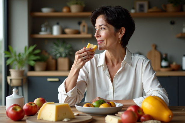 Femme dégustant du fromage dans une cuisine moderne