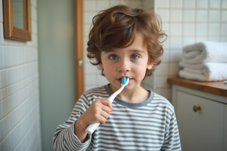 Garçon de six ans brossant ses dents dans la salle de bain