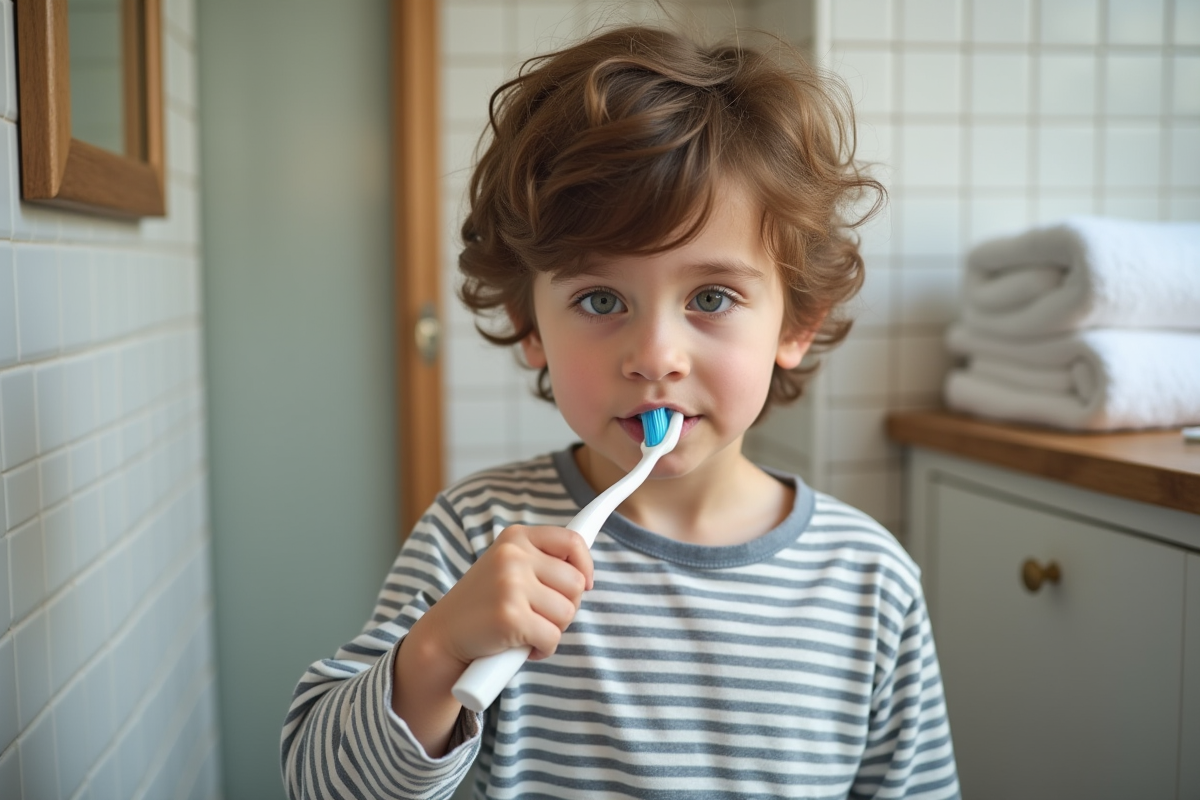 Garçon de six ans brossant ses dents dans la salle de bain
