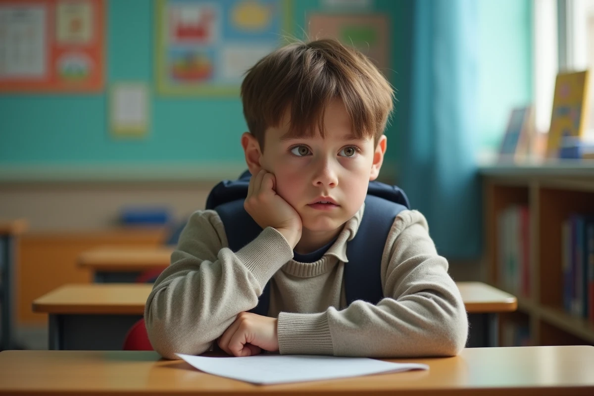 Garçon de 10 ans pensif dans une classe lumineuse