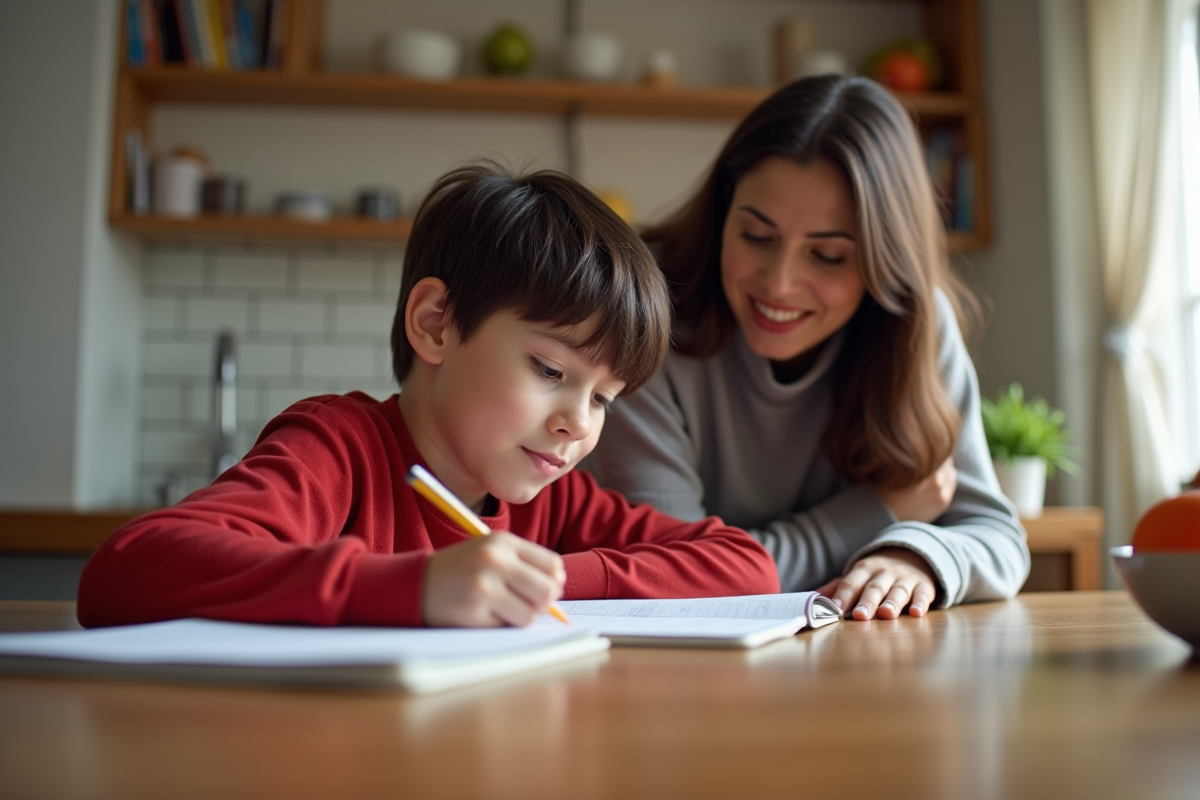 Garçon de 10 ans en rouge et jeans à la cuisine