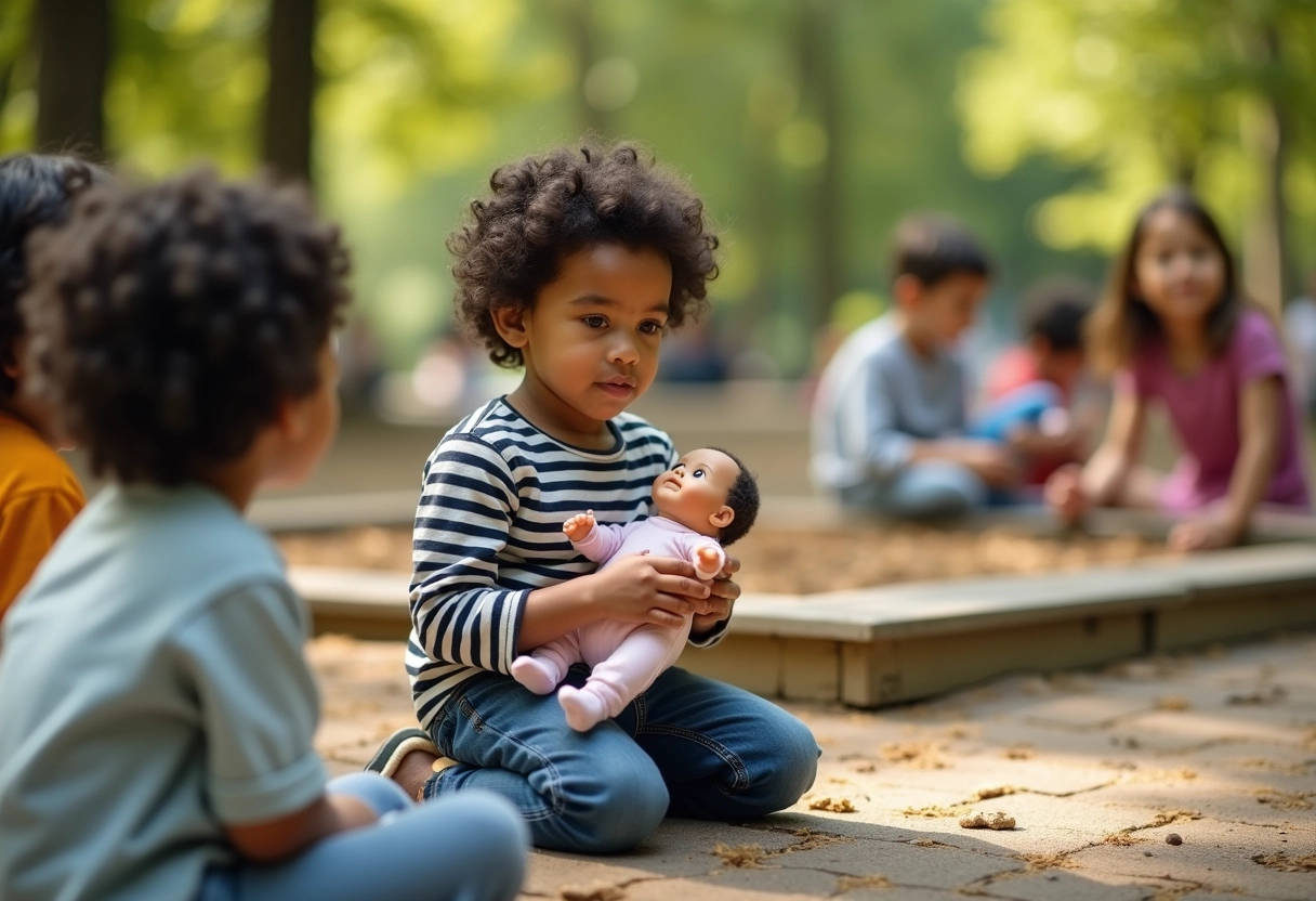 Garçon de 4 ans montrant son doudou aux amis dans un parc