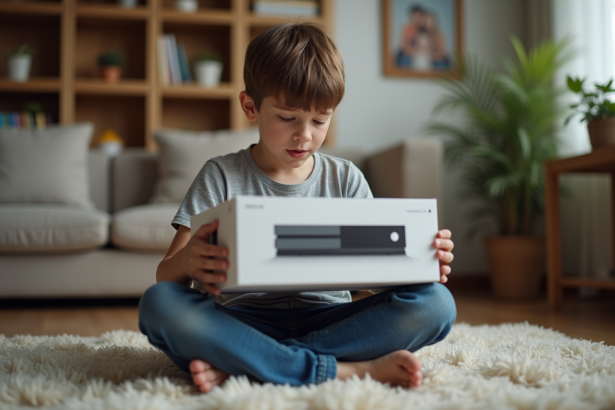 Garçon de 10 ans déballant une console de jeux dans un salon chaleureux
