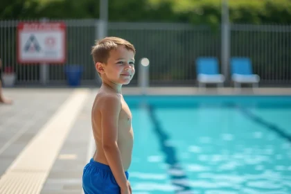 Jeune garçon en maillot bleu au bord de la piscine