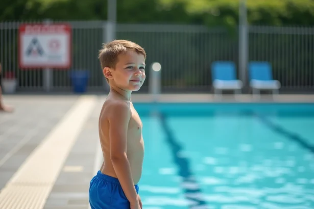 Jeune garçon en maillot bleu au bord de la piscine