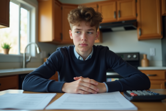 Jeune garçon pensif avec documents légaux à la maison
