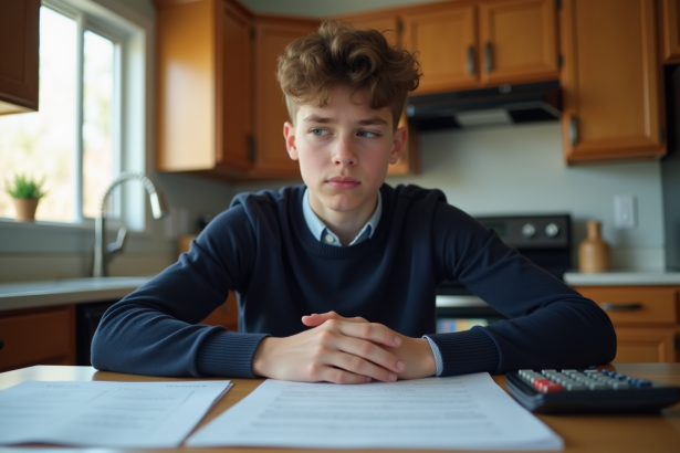 Jeune garçon pensif avec documents légaux à la maison