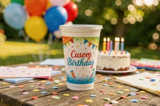 Gobelet personnalisé pour anniversaire posé sur une table en bois entourée de confettis et d'un gâteau d'anniversaire en arrière-plan