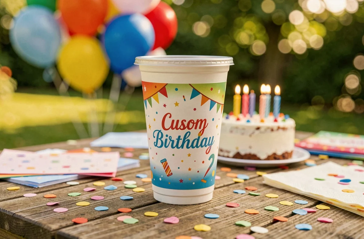 Gobelet personnalisé pour anniversaire posé sur une table en bois entourée de confettis et d'un gâteau d'anniversaire en arrière-plan
