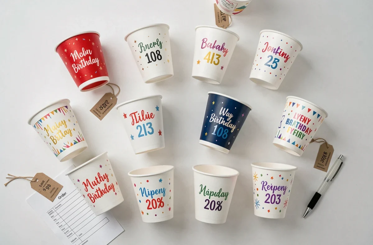 Vue de dessus de plusieurs gobelets personnalisés anniversaire avec différents designs et étiquettes de prix sur fond blanc