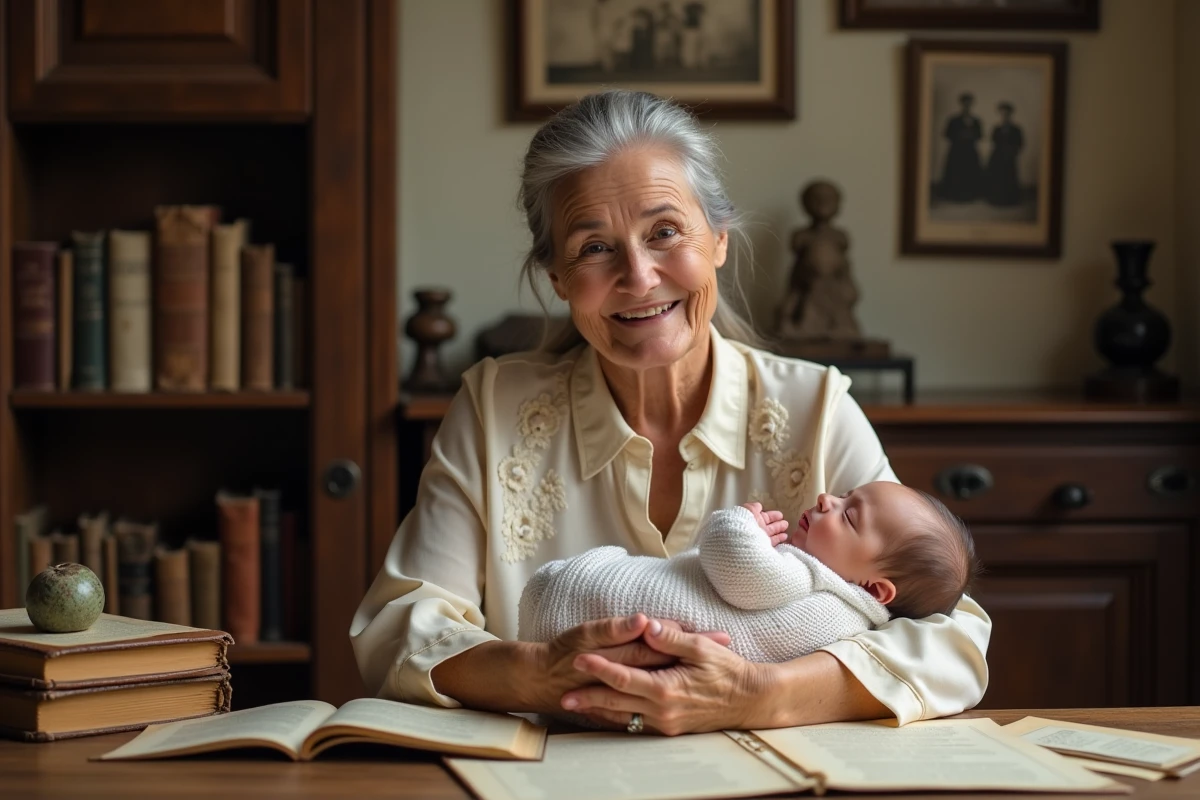 Grand-mère tenant un nouveau-né entouré de documents généalogiques anciens, symbolisant la transmission d'un prénom de famille