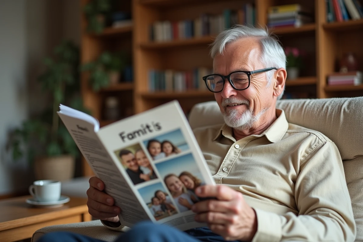 Grand-père âgé lisant avec émotion une gazette familiale imprimée Famileo dans son salon