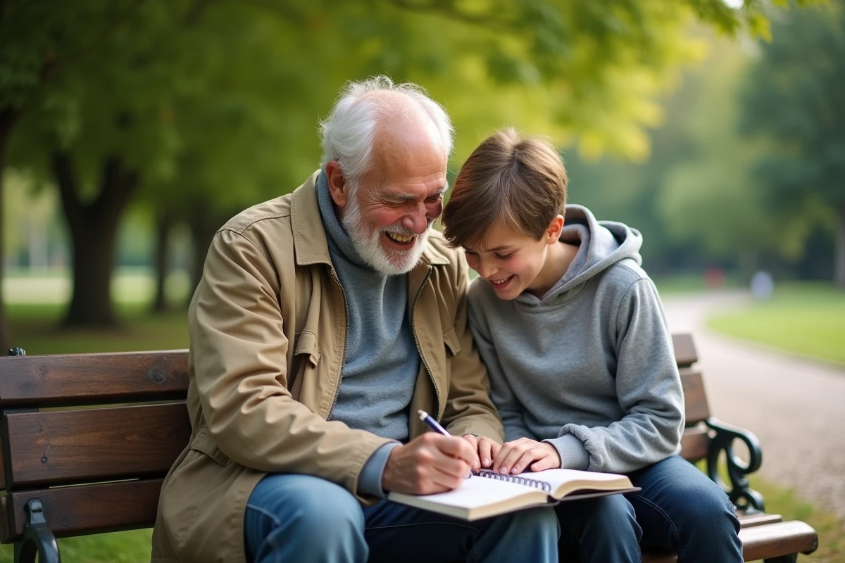Grand-père et adolescent écrivant ensemble un poème personnalisé pour la fête des pères dans un parc