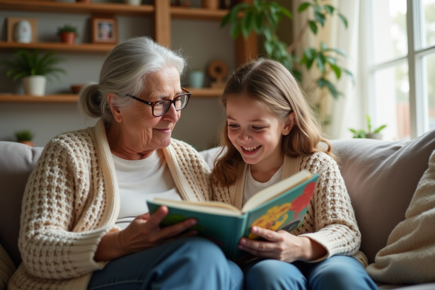 Une grand-mère lit un livre à sa petite fille dans un salon chaleureux
