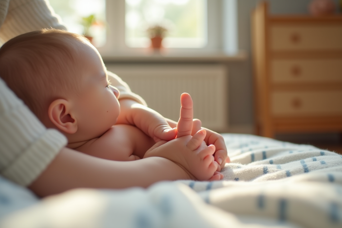 Gros plan d un bébé tenant le doigt de sa mère dans un lit ensoleille