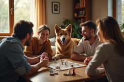Groupe d'amis avec un grand chien dans un salon chaleureux