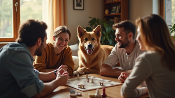 Groupe d'amis avec un grand chien dans un salon chaleureux