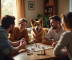Groupe d'amis avec un grand chien dans un salon chaleureux