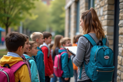 Enfants d'école maternelle avec professeur devant école