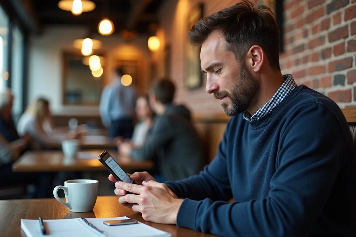 Homme dans un café vérifiant le numéro de semaine sur son smartphone avec un agenda papier ouvert sur la table