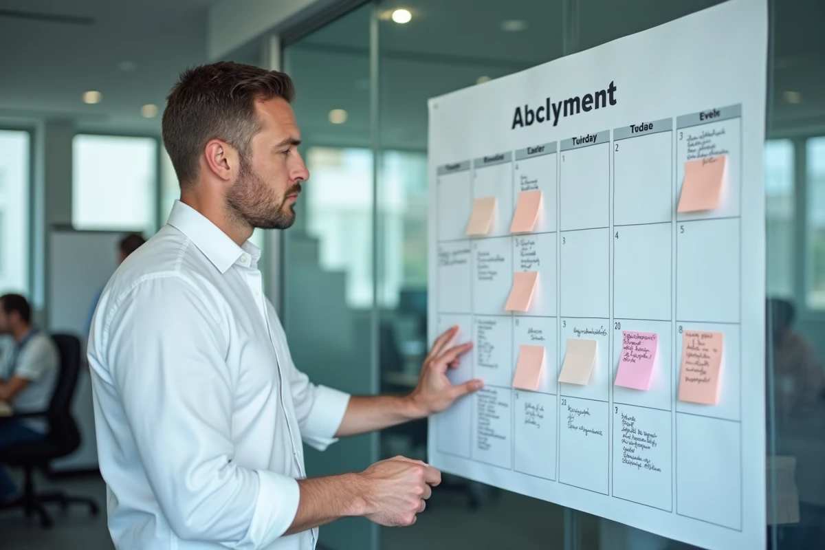 Homme consultant un grand calendrier mural organisé par semaines paires et impaires dans un bureau professionnel moderne