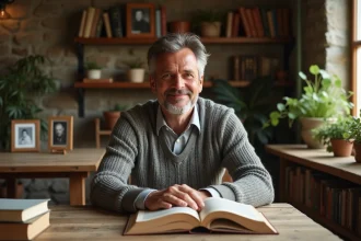 Homme français dans sa quarantaine lisant dans une salle chaleureuse