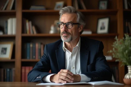 Homme d'âge moyen en bureau chaleureux avec livres et photos