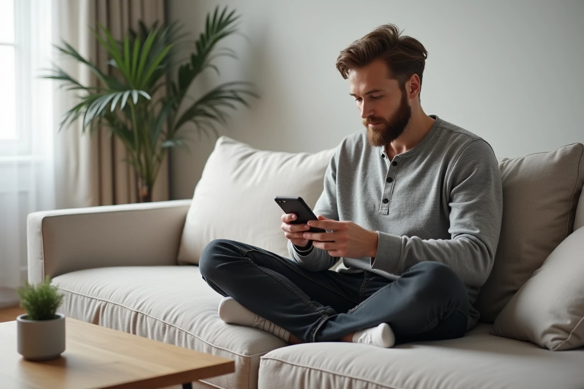 Homme lisant un article de blog sur son smartphone depuis son salon, illustrant l'accessibilité du contenu et du soutien moral en ligne d'aupremierplan.fr