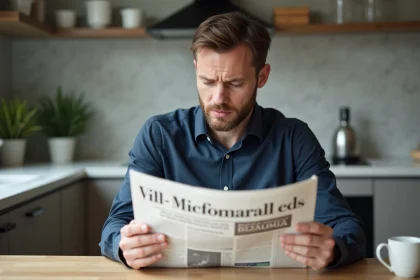 Homme français lisant un journal dans une cuisine moderne