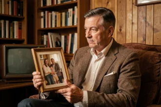 Homme mature tenant une photo de famille dans un salon vintage années 70, évoquant les souvenirs d'enfance et l'héritage familial