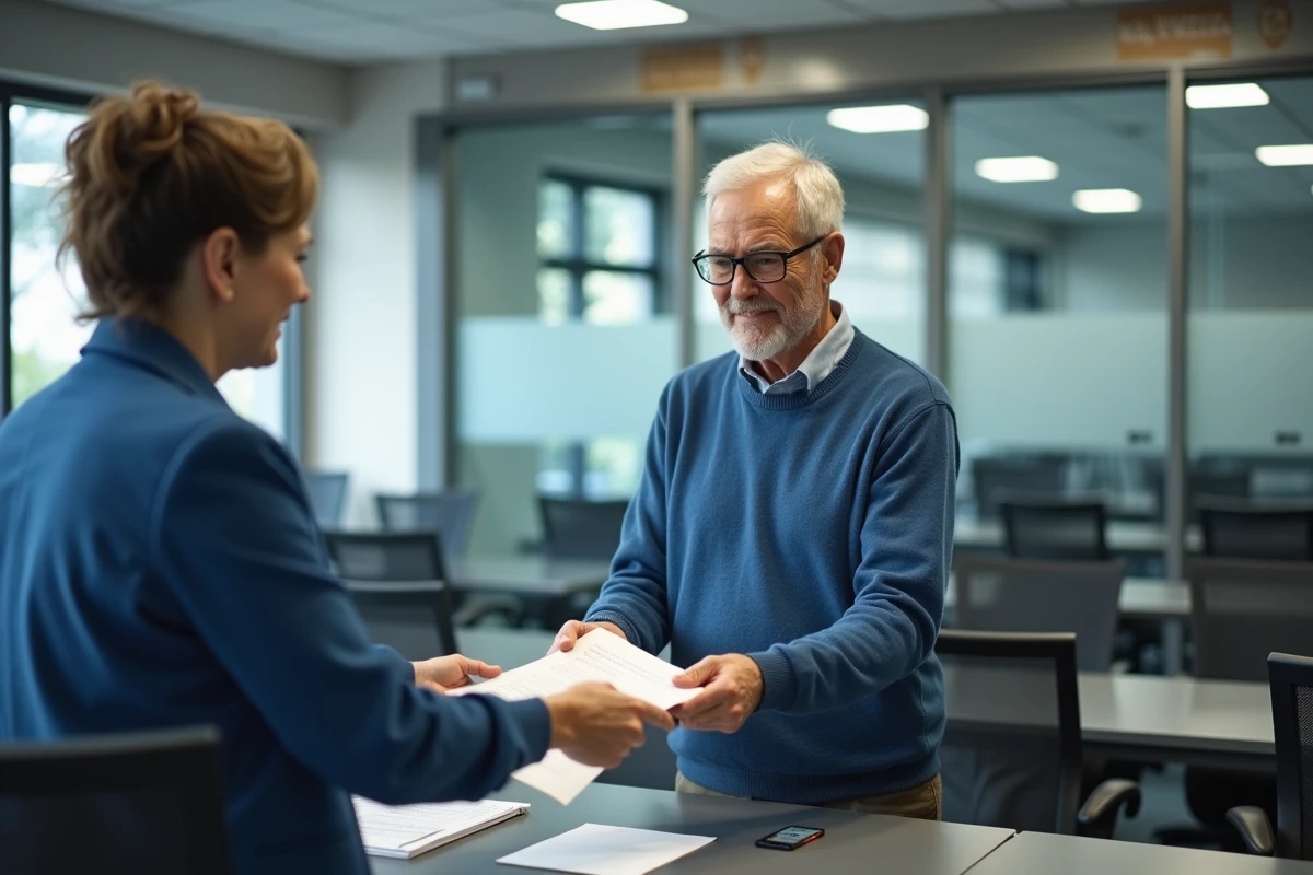 Homme remettant un formulaire à un agent CPAM au guichet