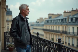 Homme d'âge moyen sur un balcon parisien contemplant la ville