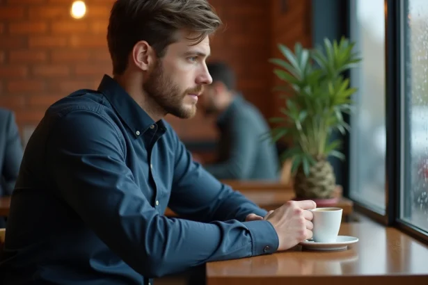 Homme pensif regardant son alliance dans un café, illustrant la réflexion sur la fidélité masculine et les comportements relationnels