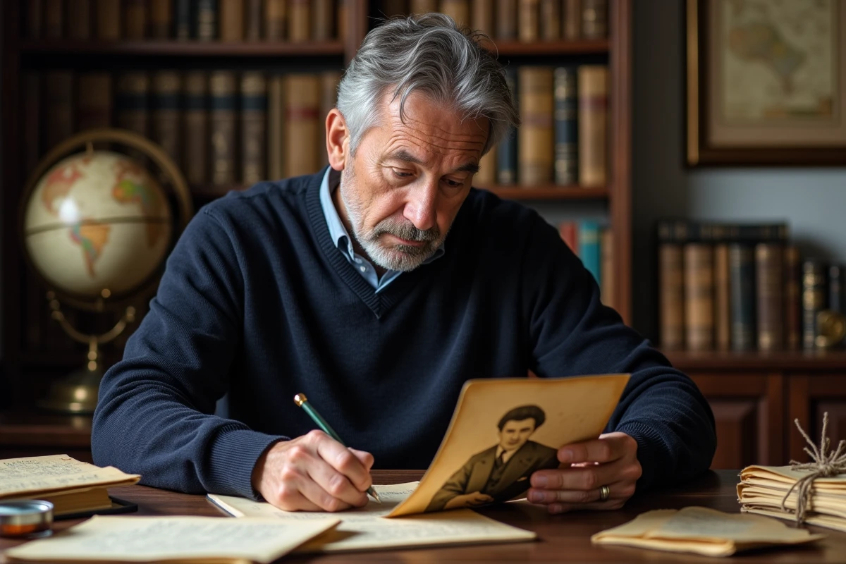 Homme étudiant une vieille photographie de famille et des documents généalogiques pour retrouver un prénom ancien à transmettre