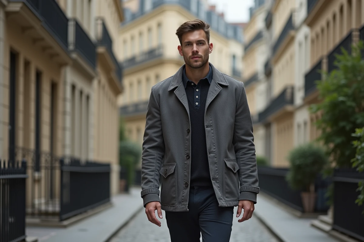 Homme discret marchant dans une rue résidentielle parisienne, style éditorial candide