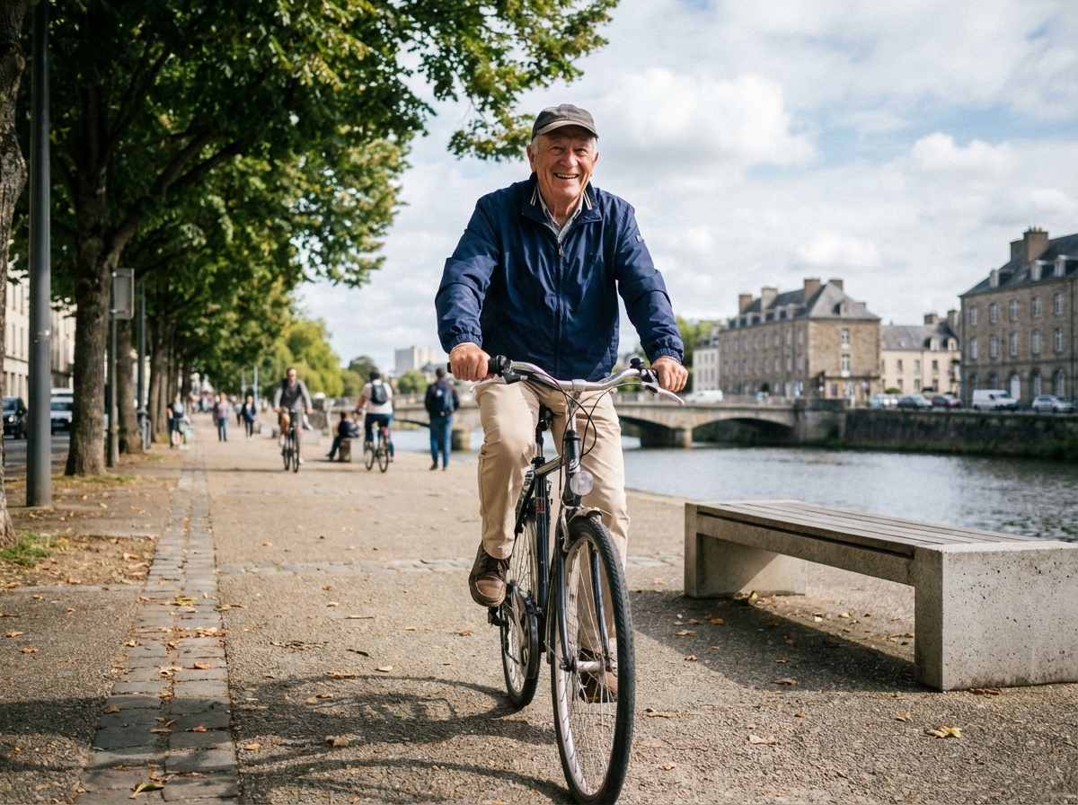 Un homme senior en vélo sur une promenade à Rennes