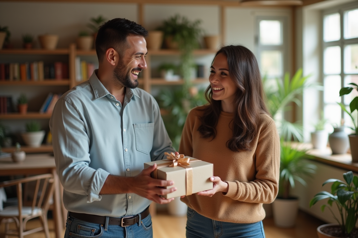 Homme souriant surpris par un cadeau fait main à la maison