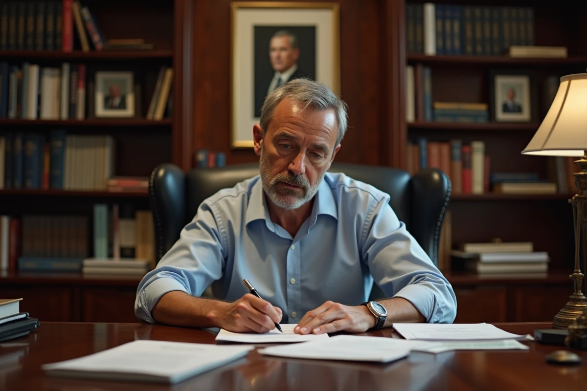 Homme pensif dans son bureau avec photo de sa femme